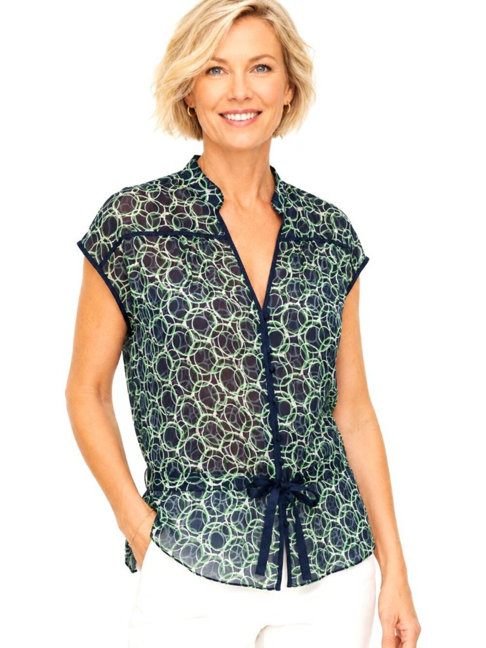 Guess Navy Green Print Sheer Silk Cap Sleeve Top
